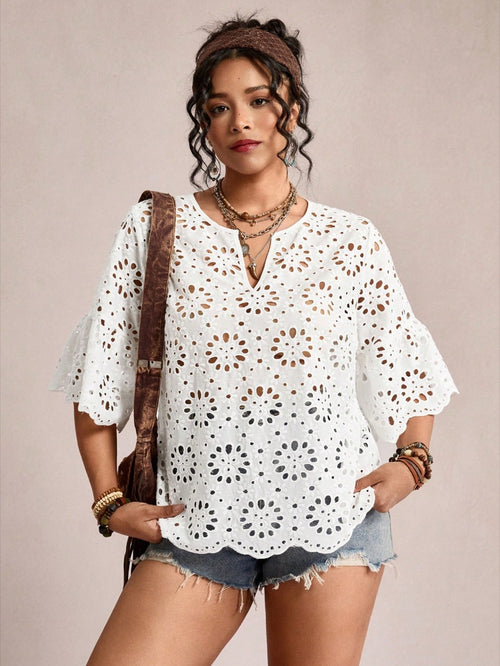 Blusa de lese com bordado vazado estilo boho Branco – LUME PLUSS