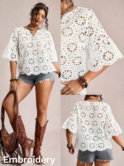 Blusa de lese com bordado vazado estilo boho Branco – LUME PLUSS