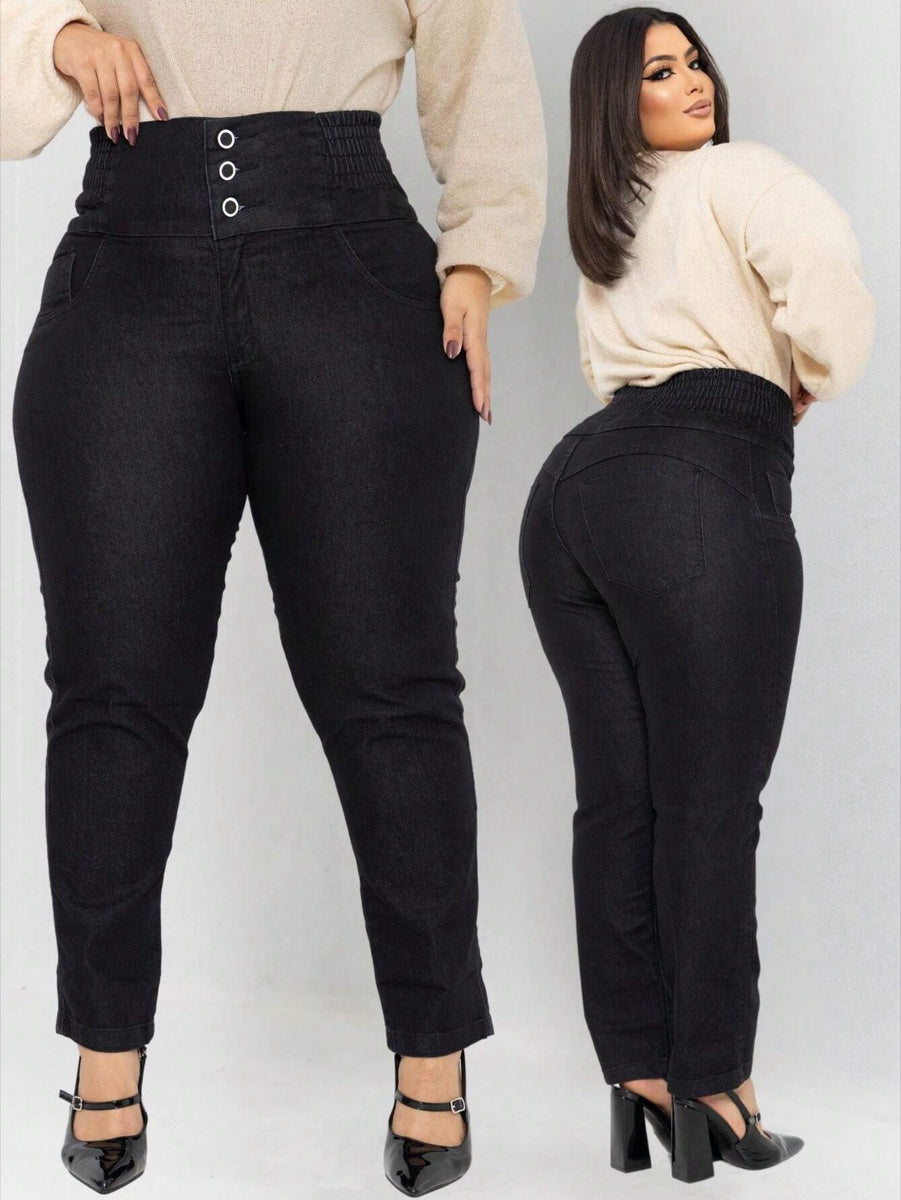 Calça jeans cós muito alto segura barriga Preto – LUME PLUSS