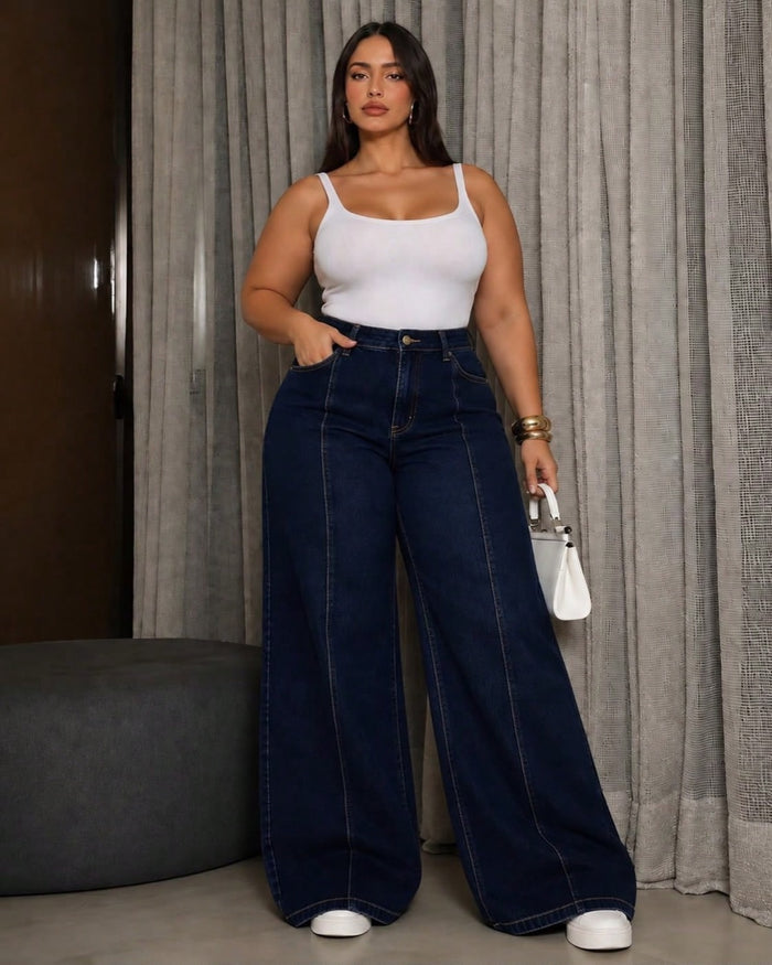 Calça jeans wide leg cintura alta