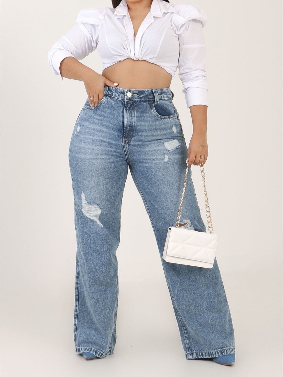 Calça Jeans Wide Leg Rasgada Azul – LUME PLUSS