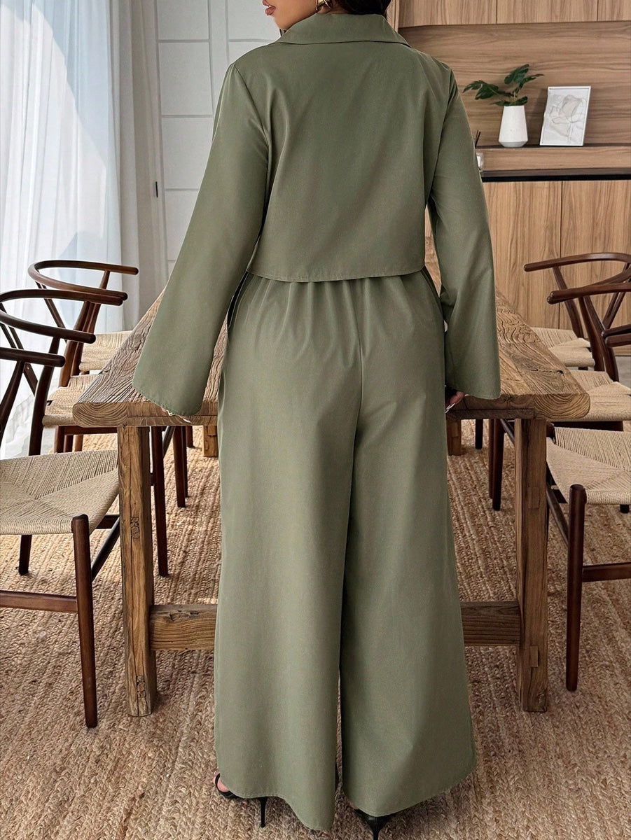 Conjunto com Macacão de Alça Fina de Cor Sólida Verde Militar – LUME PLUSS