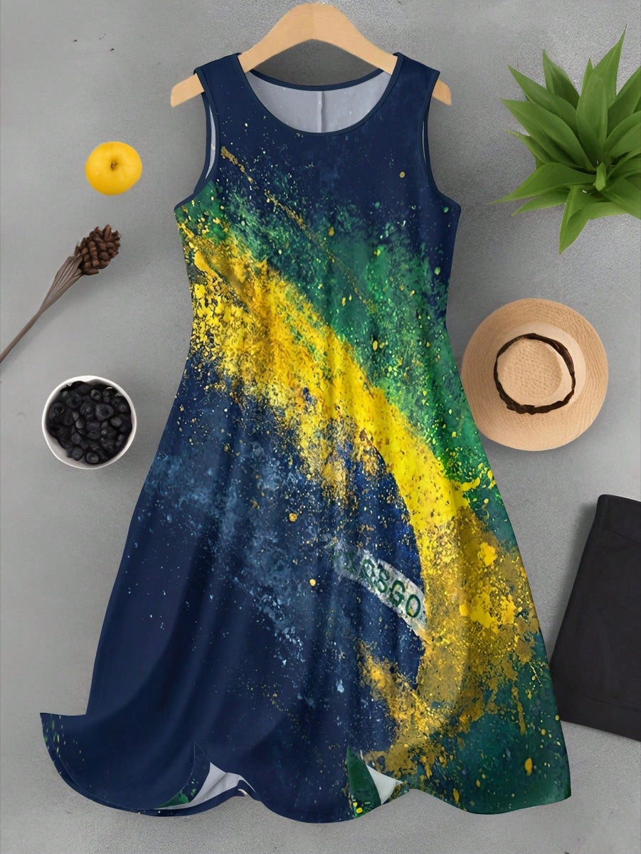 Vestido casual sem manga, evasê Multicolorido – LUME PLUSS